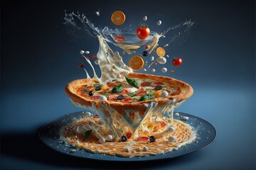 Poster - a pizza with a splash of milk on top of it on a blue plate with a glass of milk in the middle of the plate and a splash of the pizza on the plate on the plate.