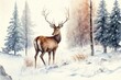 © Anna - a painting of a deer standing in the snow in front of a pine tree forest with snow falling on the ground and snow falling on the ground and the ground and trees and snow on the ground.