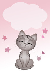 Sticker - birth announcement card for baby girl with little cat