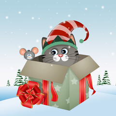 Poster - illustration of cat in the Christmas gift