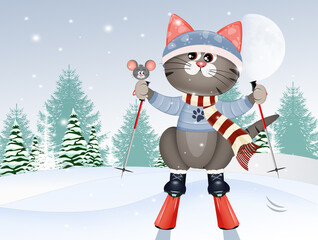 Poster - illustration of skier cat in winter