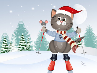 Sticker - illustration of skier cat in winter