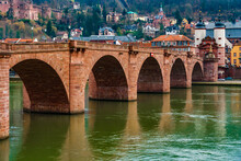 Lovely Close-up View Of The Arch Bridge Karl-Theodor-Brücke With Its Gate And Two Towers Over The Neckar River In Heidelberg, Germany. It Is Also Known As Alte Brücke (Old Bridge). 