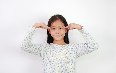 Wall Mural - Asian young girl child think gesture with two index finger point brain head on white background.