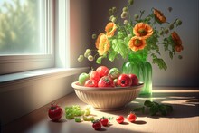 AI-generated Illustration Of A Traditional Food Still Life With Soft Window Light. MidJourney.