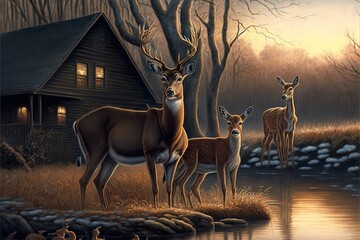 Poster - a painting of a family of deer by a lake with a cabin in the background at sunset or dawn with ducks and ducks in the foreground, and a few ducks in the foreground.