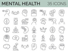 Set Of 35 Mental Health Icons. Editable Stroke. Vector Illustration