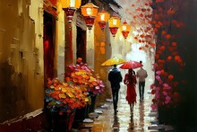 Oil Painting Style Illustration Of Lantern Hanging On Wall  Background And People Walking On Town Street  , Idea For Chinese New Year And Asian Lantern Festival Theme