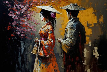 Wall Mural - oil painting style illustration of couple romantic moment during spring time when cherry flowers blossoming