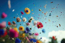 A Beautiful Field Of Flowers With Flying Petals,