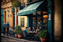 A Painting Of People Sitting At A Table Outside Of A Restaurant On A City Street With A Green Awning Over The Restaurant's Windows And People Sitting At Tables Outside Eating At A Cafe. Generative AI