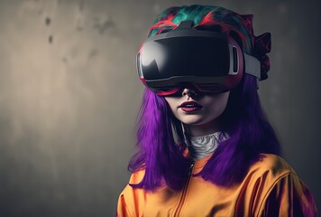 Wall Mural - illustration of a beautiful woman wearing Virtual Reality Headset, woman with purple hair wearing oversize t-shirt, dress in minimal pop style 