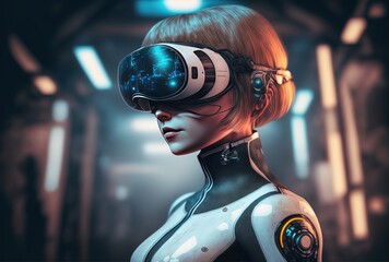 Wall Mural - illustration of a beautiful women wearing Virtual Reality Headset , robot or cyborg theme with industrial factory background