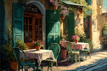 A Painting Of Tables And Chairs Outside Of A Restaurant With Green Shutters And Flowers On The Windows And A Green Door And Green Shutters On The Side Of The Building With Green Shutters.