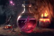 beautiful  special elixir drub potion in glass bottle, idea for videogame item in real life, fantasy light glow bokeh background, stamina potion
