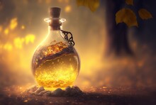 Beautiful  Special Elixir Drub Potion In Glass Bottle, Idea For Videogame Item In Real Life, Fantasy Light Glow Bokeh Background, Vitality Potion