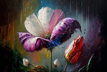 A One Big Flower Wet On Raining Day, Water Drop Drip Down From Petal, Oil Painting Style Illustration, 