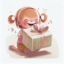 Cartoon. Cute Little Girl Smiling And Holding A Present. Generative Ai