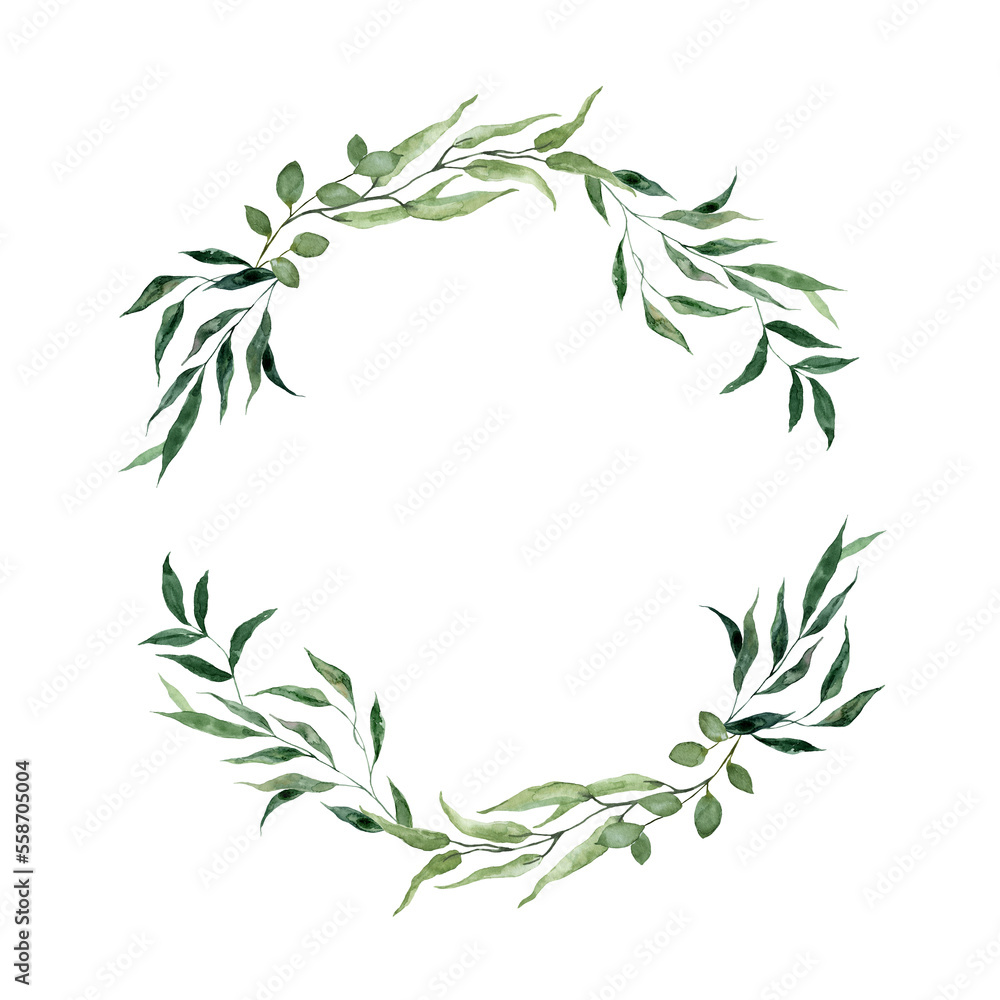 Watercolor greenery frame illustration. Green foliage, leaves, and ...