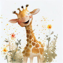 Cartoon. Cute Baby Giraffe Laughing And Having Fun. Generative Ai