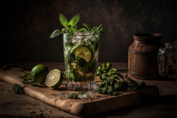  a glass of mojito with limes and mints on a cutting board with a wooden cutting board and a jar of mints and a wooden shaker on the side of the table with a dark background with a dark background