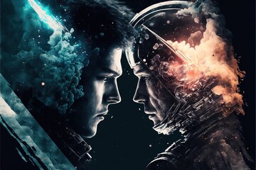  a movie poster with two men facing each other and a space background with a blue and yellow light coming from them and a black background with a blue and white smoke and blue smoke pattern