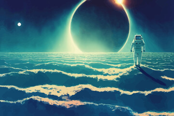 Wall Mural - astronaut standing on the another planet and looking at circle on the sky