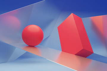 3D render of red shapes intersected by glass surfaces on a blue background