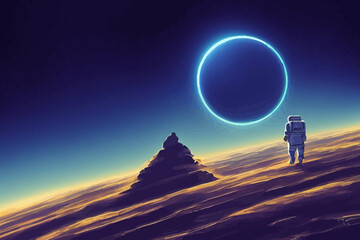 Wall Mural - astronaut standing on the another planet and looking at  circle on the sky