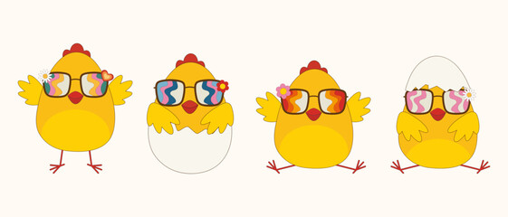 Vector set of easter cartoon chicks. Easter chicks in groovy hippie style.Design for t-shirts,posters,cards,print. Trendy retro 60s, 70s