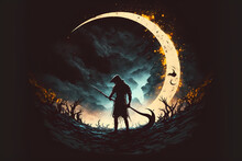 The Death Holding The Reaper Scythe Against A Shining Half Moon, Dark Background, Fantasy Concept, Illustration Digital Generative Ai Design Art Style