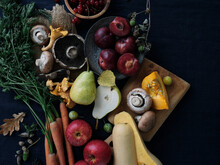 Flatlay Fall Produce Top View. Autumn Vegan Cooking Ingredients. Seasonal Harvest Background