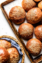 Fresh Homemade Brioche Buns With Sesame Seed Topping