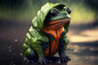 Frog with raincoat in the rain - Generative AI