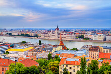City Summer Landscape At Sunset - Top View Of The Historical Center Of Budapest With The Danube River, Hungary