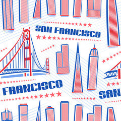 Vector San Francisco Seamless Pattern, square repeating background with illustration of red famous city scape on white background for wrapping paper, line art urban poster with blue text san francisco