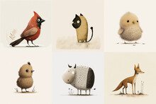 A Set Of Six Cute Animals, Mammals, Birds, Reptiles, From The Area Of Virginia, USA In Watercolor, Illustration Made With Generative AI