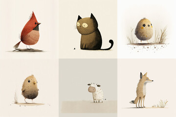 A set of six cute animals, mammals, birds, reptiles, from the area of Virginia, USA in watercolor, illustration made with Generative AI