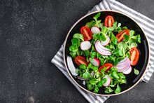 Vegetables Salad Tomato, Radish, Onion, Mache Lettuce, Green Leaves Spring Snack Fresh Healthy Meal Food On The Table Copy Space Food Background Rustic Top View Keto Or Paleo Diet Veggie Vegan 
