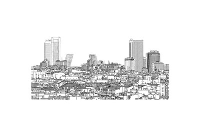 panoramic view cityscape of madrid with its skyscrapers. europe, spain capital city. hand drawn ink 