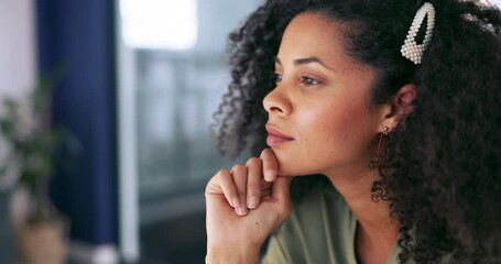 Computer, face or startup black woman programmer for cybersecurity cloud, app coding or digital schedule. Tech, cyber employee thinking of ai software code, UX programming idea or UI data analytics