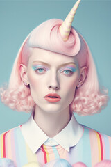 A portrait of a young beautiful girl with a unicorn horn on her head and a pastel hairstyle. Pastel, gentle concept illustration. Blue background. Generative AI.