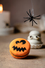 Jack O Lantern Macaron Over Table For Halloween