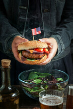 Beef Burger With American Flag, For USA Independence Day