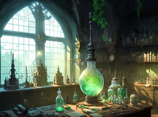 Wall Mural - Alchemist's desk, flask with magic substance, vintage interior