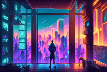 Wall Mural - Sunset in the futuristic city, future human, cyberpunk art