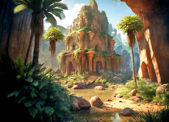 Wall Mural - El Dorado, ancient stone palace of lost city, landscape