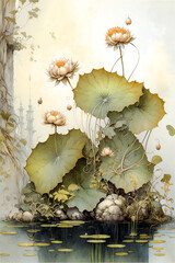 Wall Mural - whimsical art, water lilies pond, ai painting