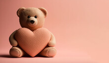 Teddy Bear Hugging A Puffy Heart For Valentines. Banner Illustration Made With Generative AI
