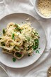 © The Picture Pantry - Lemony pasta with asparagus, vegan cheese and fresh basil in a spring airy table